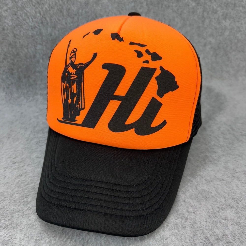 Hawaii King Kamehameha Islands Trucker Hat Orange Black Snapback Mesh Cap Mens
